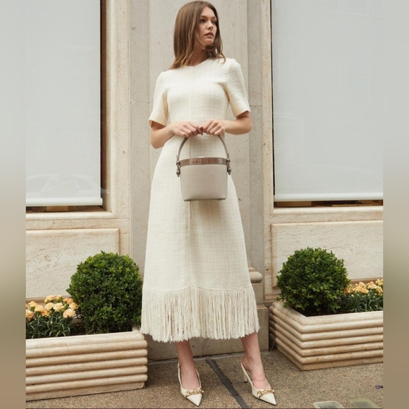 ZARA Ivory Tweed Textured Fringe‎ Trim Maxi Dress Size Small - Picture 2 of 16